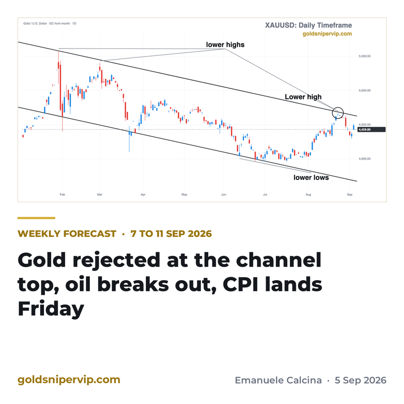 Weekly forecast 7 to 11 September 2026: gold rejected at the channel top