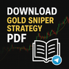 Promotional image for downloading the Gold Sniper Strategy PDF featuring bold text 'Download Free PDF', a gold candlestick chart, and Telegram icon on a premium dark background.