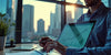 Financial analyst with laptop and city skyline background.