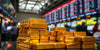 Gold bars on a trading desk with a vibrant background.
