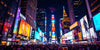 Vibrant New York City street scene with skyscrapers and people.